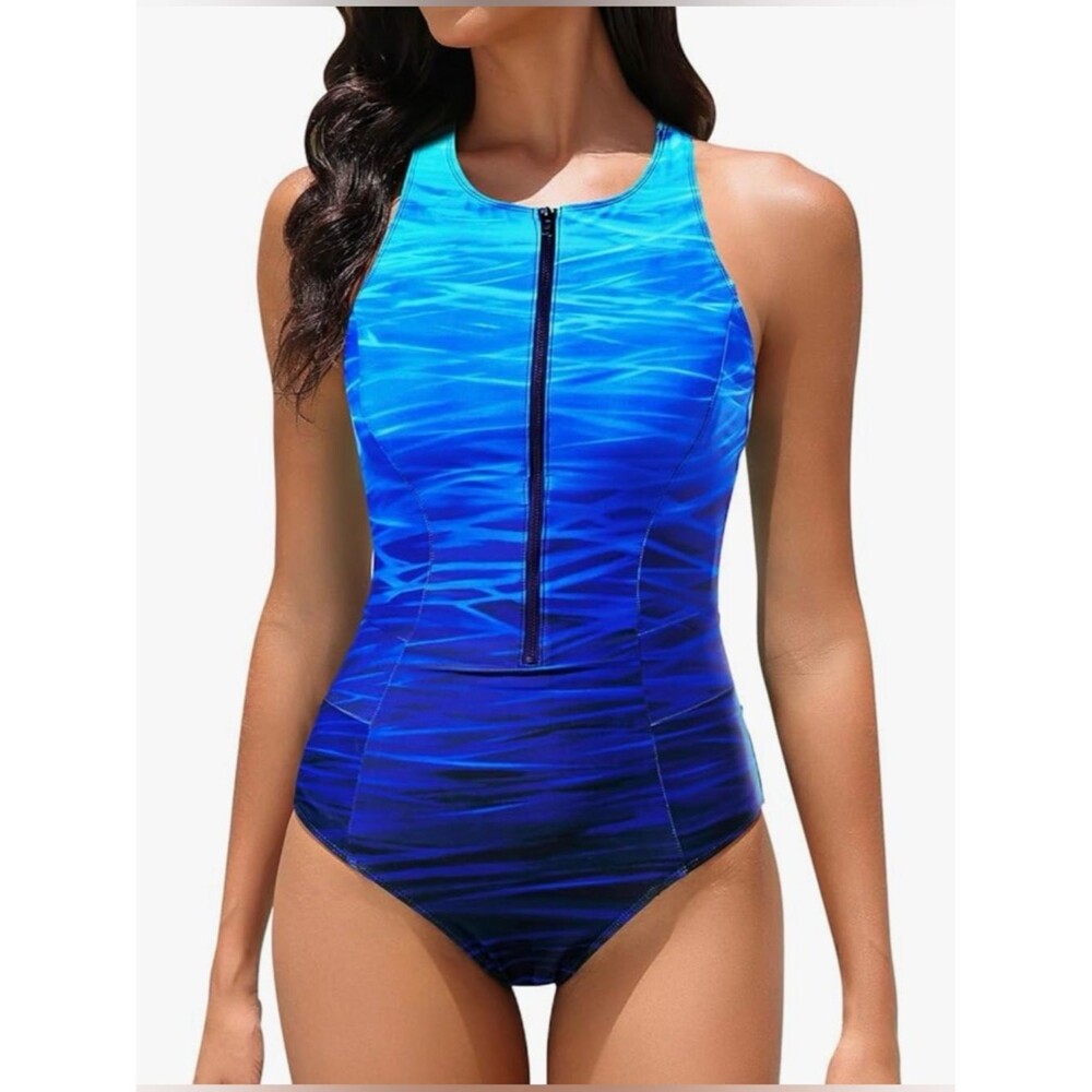 Tempt Me One Piece Swimsuit Zipper High Neck Racerback Blue Gradient M NWT